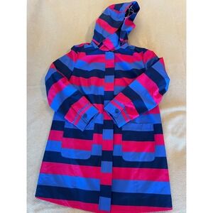 Chico's Hooded Raincoat Striped Pink Blue Navy Long Rain Jacket Women's Size 1